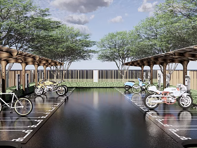 Modern Bicycle Parking Area With Covered Pavilions Trees And Marked Lines 3d model