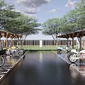 Modern Bicycle Parking Area With Covered Pavilions Trees And Marked Lines