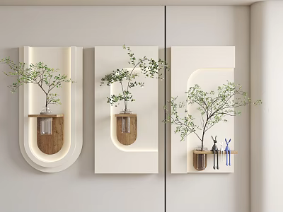 Modern Wall Decor with Wooden Planters Green Plants and Geometric Shapes 3d model