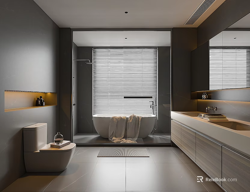 Modern Gray Bathroom Interior Design With Bathtub Vanity Mirror Blinds And Tiled Floor 3d model 