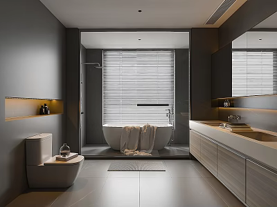 Modern Gray Bathroom Interior Design With Bathtub Vanity Mirror Blinds And Tiled Floor 3d model