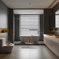Modern Gray Bathroom Interior Design With Bathtub Vanity Mirror Blinds And Tiled Floor