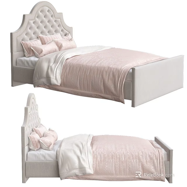 Cozy Kids Bed With Tufted Headboard And Soft Pink White Bedding 3d model 