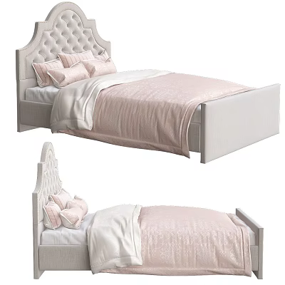 Cozy Kids Bed With Tufted Headboard And Soft Pink White Bedding 3d model