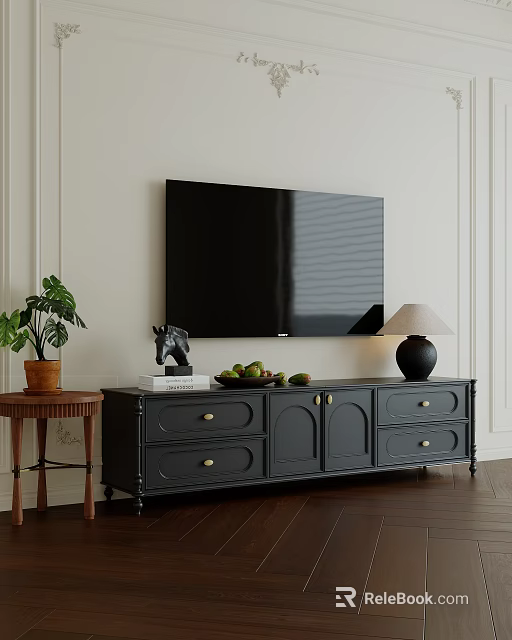 Dark Gray TV Stand with Drawers Cabinets Wall Mounted TV Green Plant and Table Lamp 3d model 