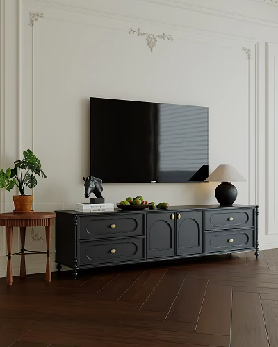 Dark Gray TV Stand with Drawers Cabinets Wall Mounted TV Green Plant and Table Lamp 3d model