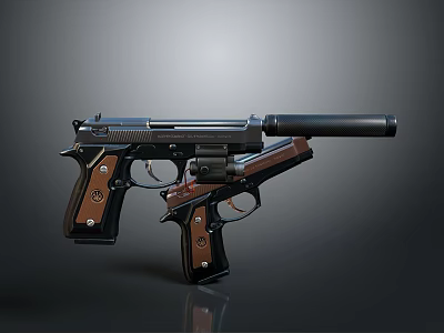 Two Modern Pistol Weapons With Black Metal Frame And Wooden Grip Details 3d model