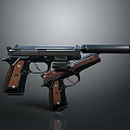 Two Modern Pistol Weapons With Black Metal Frame And Wooden Grip Details