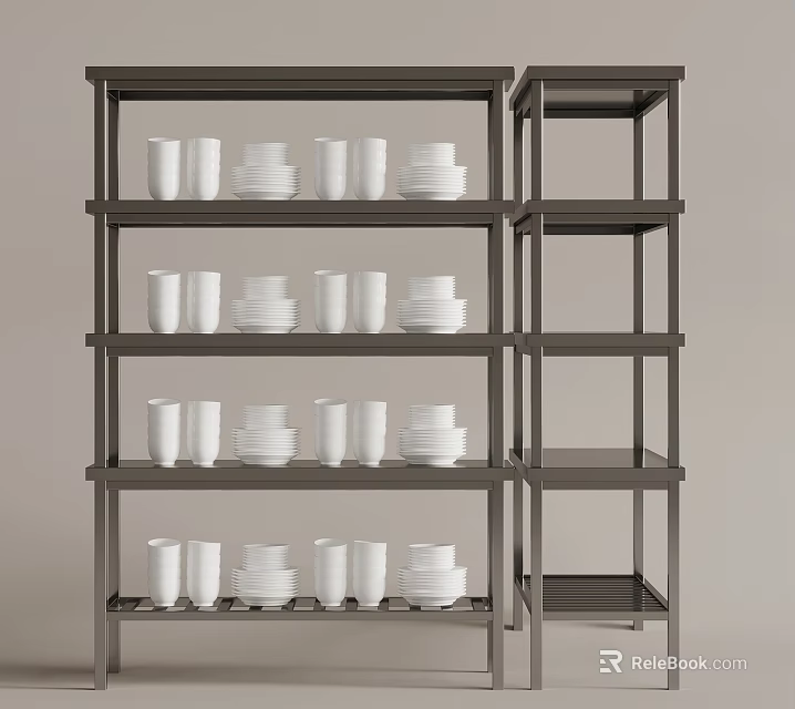 Dark Metal Display Shelves With Neatly Arranged White Mugs And Plates 3d model 