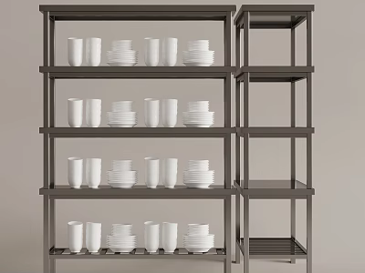 Dark Metal Display Shelves With Neatly Arranged White Mugs And Plates 3d model