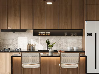 Modern Wooden Kitchen Interior Design With Island Rattan Chairs Cabinets And Tile Backsplash 3d model