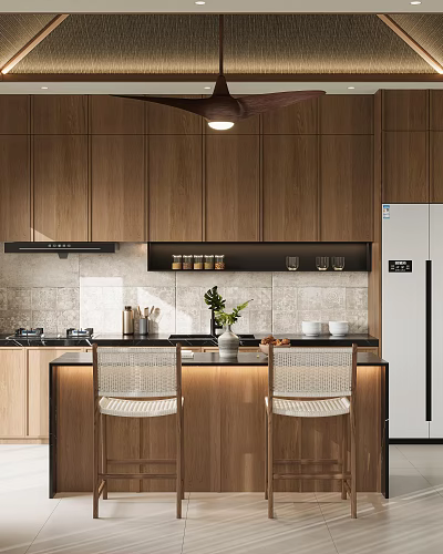 Modern Wooden Kitchen Interior Design With Island Rattan Chairs Cabinets And Tile Backsplash 3d model