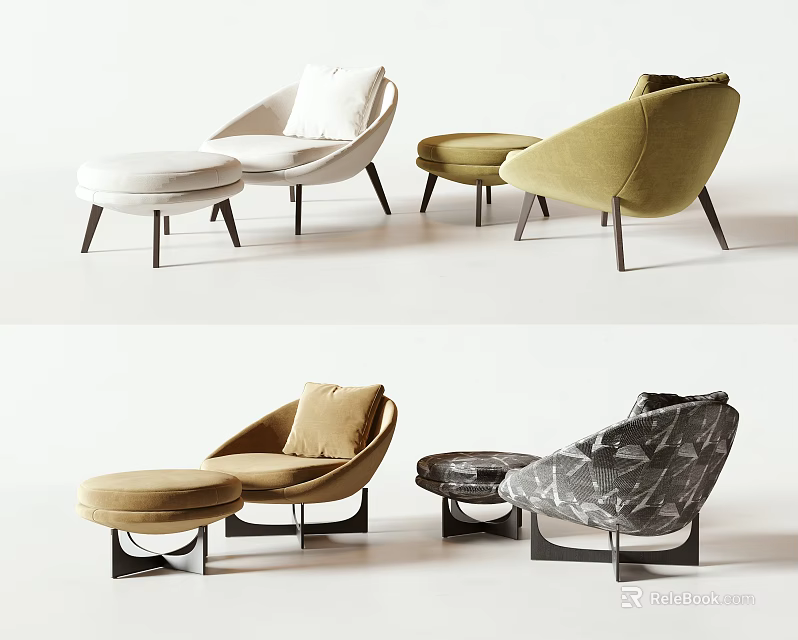 Modern Lounge Chairs In Various Colors With Ottoman And Side Table 3d model