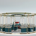 Silver Jewelry Store Circular Booth With Blue Counters Golden Frames And Glass Displays