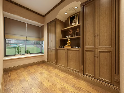 Serene Room With Wooden Cabinets Buddha Statue Decorative Items And Lawn View Through Window 3d model