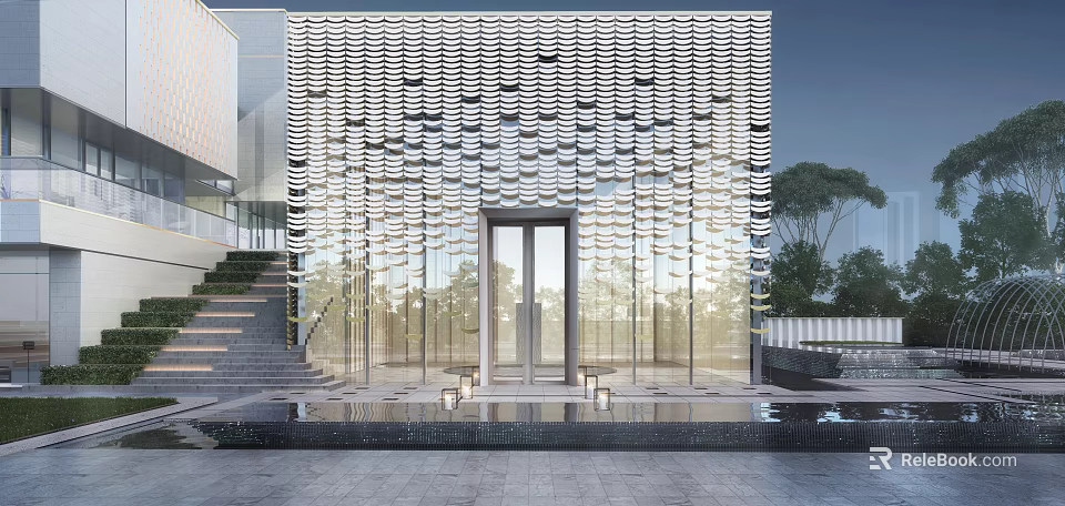 Modern Facade With Wavy Metal Panels Glass Entrance Door Stone Steps Water Feature And Greenery 3d model 