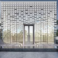 Modern Facade With Wavy Metal Panels Glass Entrance Door Stone Steps Water Feature And Greenery