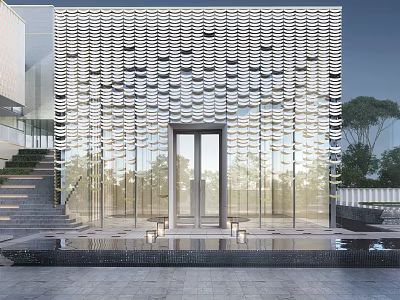 Modern Facade With Wavy Metal Panels Glass Entrance Door Stone Steps Water Feature And Greenery 3d model