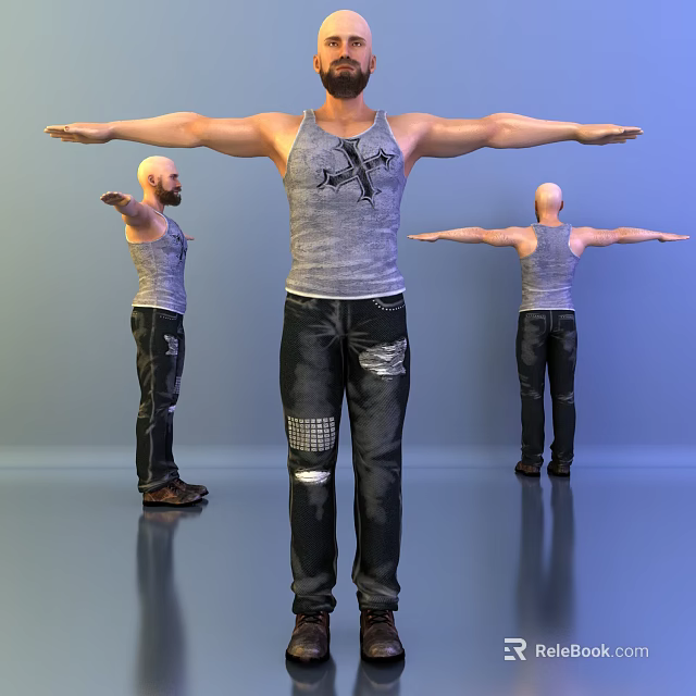 Man In Grey Tank Top Cross Design And Black Ripped Jeans Shown In Three Angles 3d model 