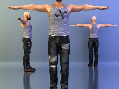 Man In Grey Tank Top Cross Design And Black Ripped Jeans Shown In Three Angles 3d model