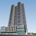 Modern High Rise Residential Building With Glass Facade Tree Surroundings And Ground Floor Shops