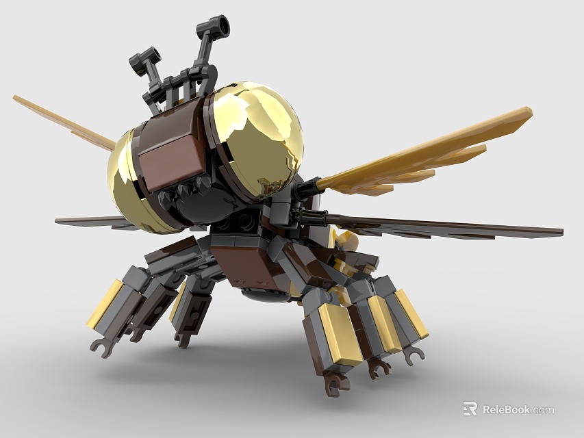 Building Blocks Mechanical Bee with Golden Wings Black Brown Body and Legs 3d model 