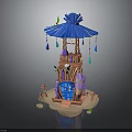 Decorative Tower Structure With Blue Roof Wooden Base Colorful Decorations And Hanging Tassels