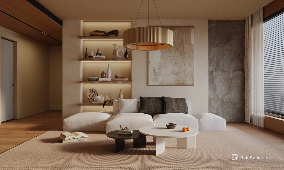 Modern Beige Three-Seater Sofa Interior With Throw Pillows Coffee Table And Pendant Light 3d model 