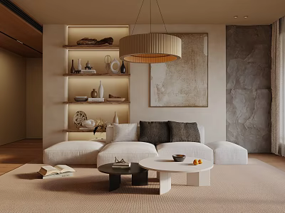 Modern Beige Three-Seater Sofa Interior With Throw Pillows Coffee Table And Pendant Light 3d model