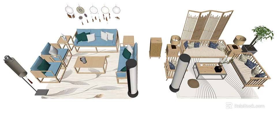 Natural Style Sofa Coffee Table Combination With Blue Sofa Wooden Table Pillows Screen And Floor Lamp 3d model 
