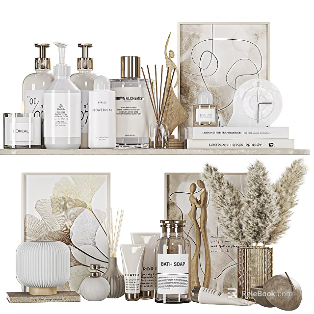 Decorative Ornament Combination With Aromatic Bottles Paintings Pampas Grass Sculptures And Books 3d model 