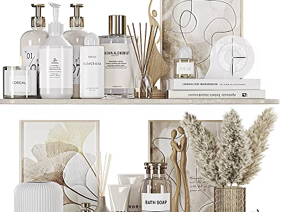 Decorative Ornament Combination With Aromatic Bottles Paintings Pampas Grass Sculptures And Books 3d model