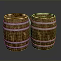 Two Wooden Barrels With Metal Hoops On Dark Reflective Background