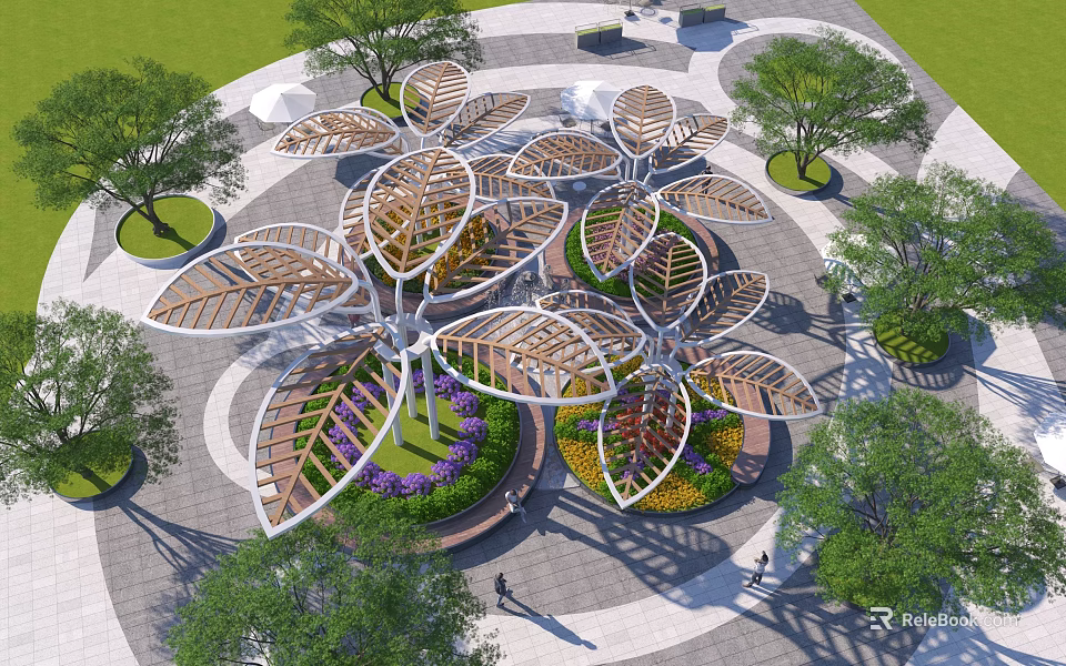 Flower Petal Shaped Pergola with Wooden Metal Structure and Surrounding Greenery Trees Lawn Paved Area 3d model 