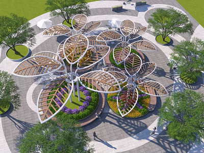 Flower Petal Shaped Pergola with Wooden Metal Structure and Surrounding Greenery Trees Lawn Paved Area 3d model