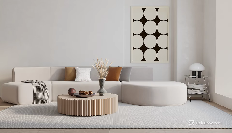 Light Sectional Sofa With Brown Beige Cushions White Wall Round Pattern Art Wooden Coffee Table 3d model 