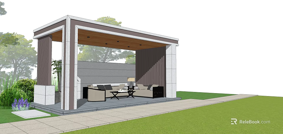 Outdoor Pavilion Leisure Area With Sofa Set Coffee Table Floor Lamp And Green Lawn 3d model 