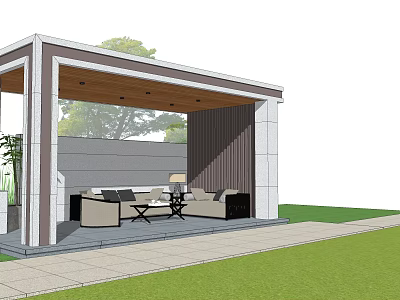 Outdoor Pavilion Leisure Area With Sofa Set Coffee Table Floor Lamp And Green Lawn 3d model
