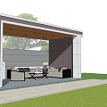 Outdoor Pavilion Leisure Area With Sofa Set Coffee Table Floor Lamp And Green Lawn