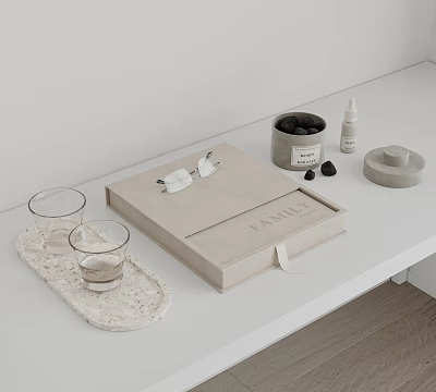 Decorative Ornament Set Featuring Beige Box Black Jar Small Bottle Glass Cups On Stone Tray 3d model