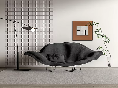 Black Leaf Shaped Chaise Lounge With Floor Lamp Grid Patterned Wall Painting And Green Plant 3d model