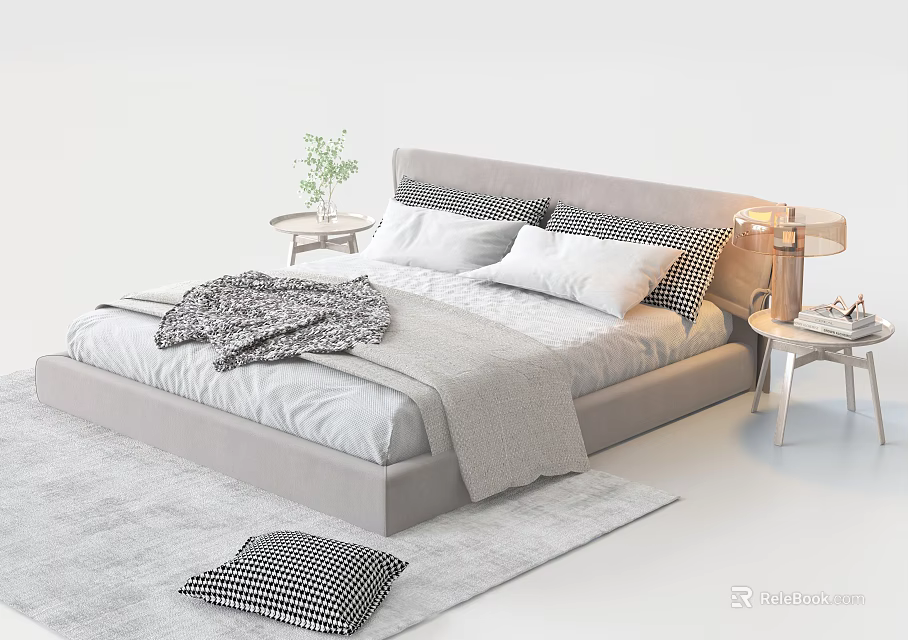 Modern Double Bed With Upholstered Headboard Pillows Throw Blanket Nightstands Lamp Green Plant And Rug 3d model 