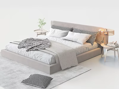 Modern Double Bed With Upholstered Headboard Pillows Throw Blanket Nightstands Lamp Green Plant And Rug 3d model
