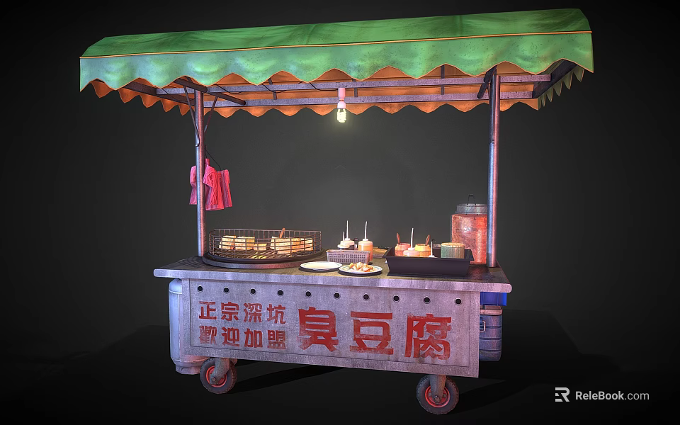 Traditional Mobile Street Food Cart With Green Awning Selling Stinky Tofu And Chinese Signage 3d model 