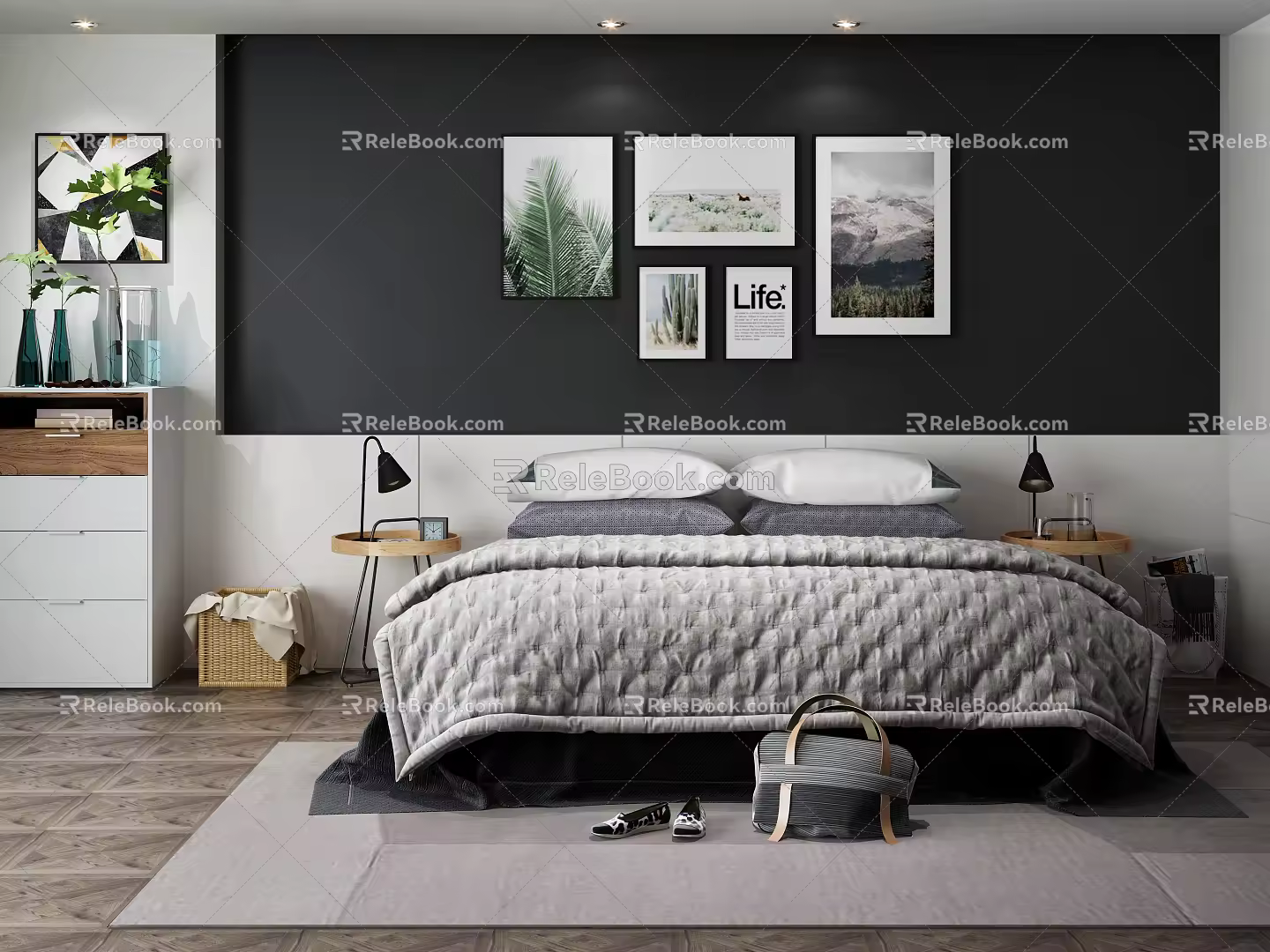 Nordic background double bed combination 3d model