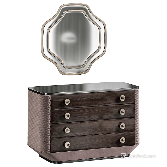 Elegant Modern Wooden Vanity With Drawers Metal Knobs And Geometric Mirror 3d model