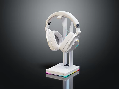Elegant White Wireless Headphones with RGB Illuminated Stand Modern Display Setup 3d model