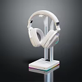 Elegant White Wireless Headphones with RGB Illuminated Stand Modern Display Setup