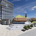 Scenic Modern Commercial Complex With Contemporary Architecture Water Feature Greenery And Open Plaza