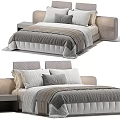 Modern Double Bed With Upholstered Headboard Multiple Pillows Knitted Blanket And Bedside Table 3d model